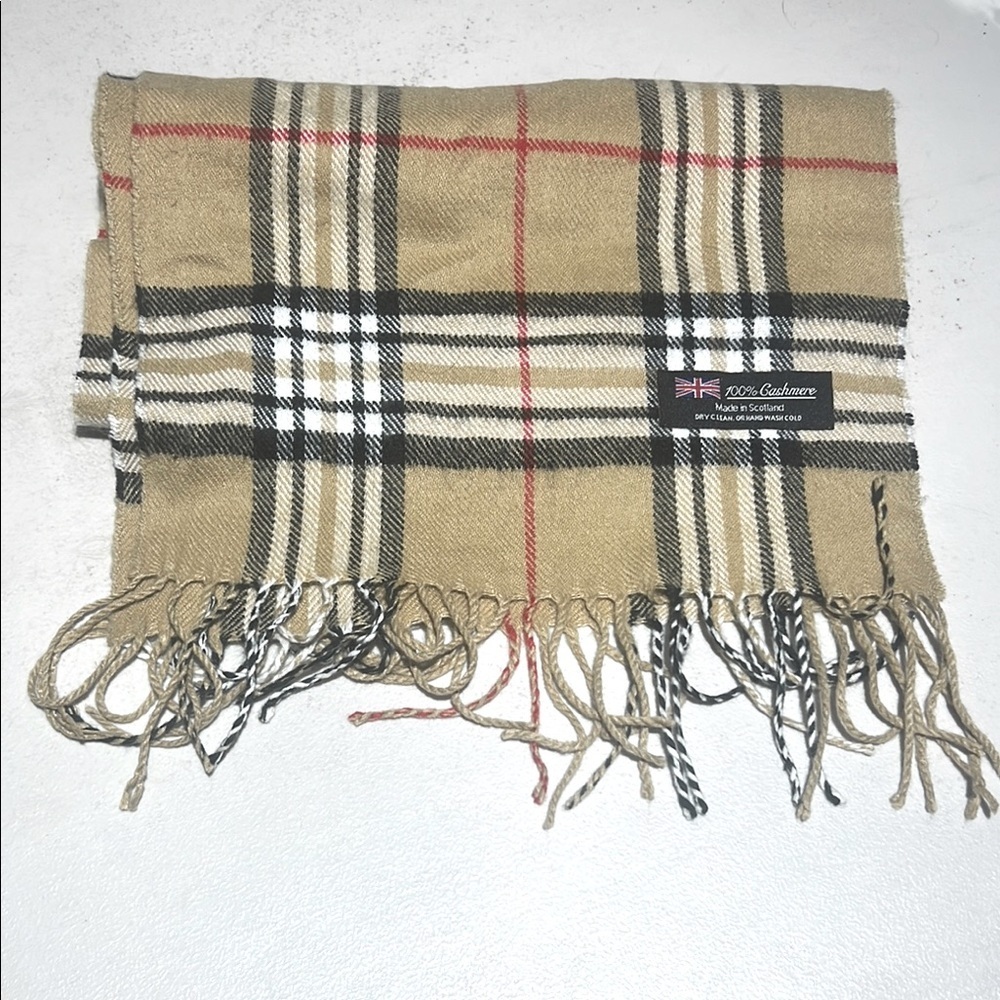 Burberry Tan Plaid Cashmere Scarf 12x64